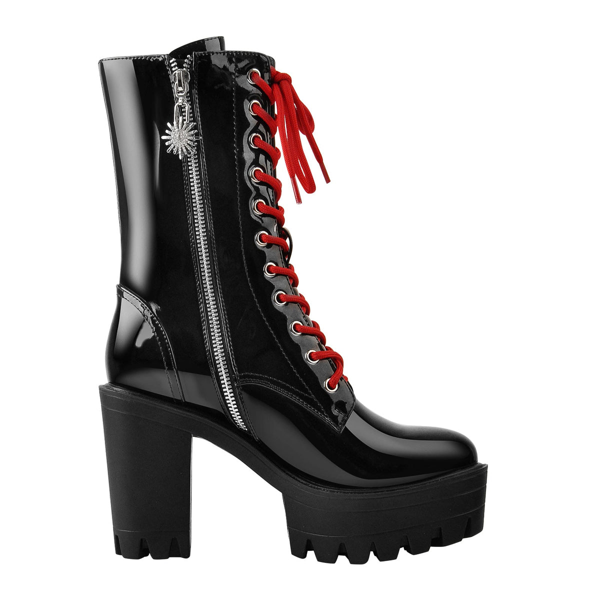 Patent Black Platform Red Lace Chunky Heel Ankle Boots | Onlymaker Best Seller