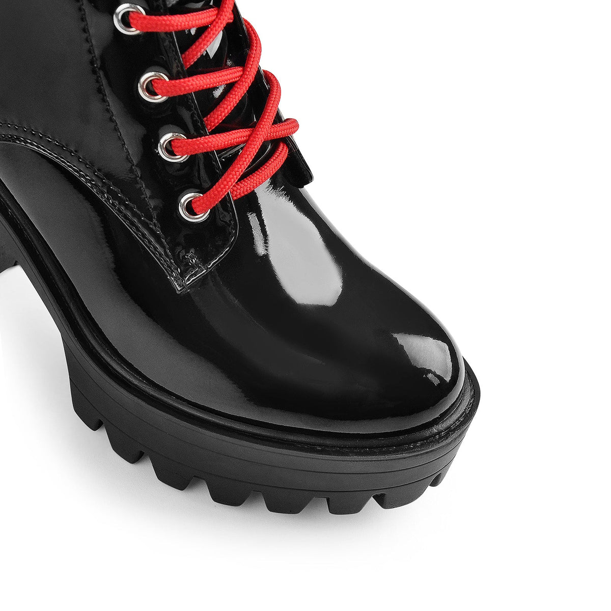 Patent Black Platform Red Lace Chunky Heel Ankle Boots | Onlymaker Best Seller