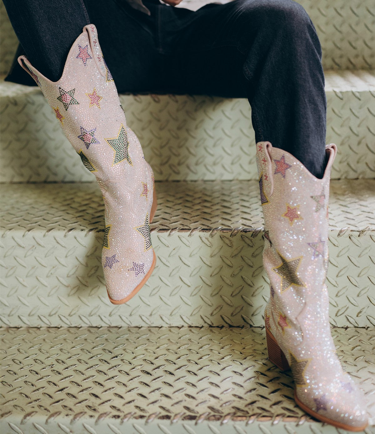 Rhinestone Star Chunky Heel Mid-Calf Western Boots | Onlymaker Recommended