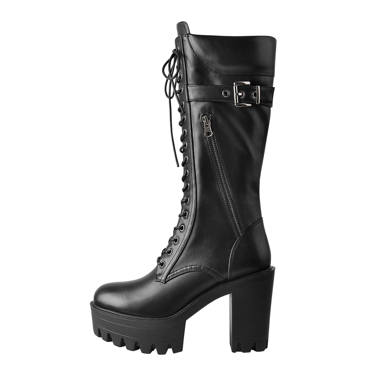 Black Patent Leather Platform Lace Up Knee High Boots | Onlymaker Special Offer