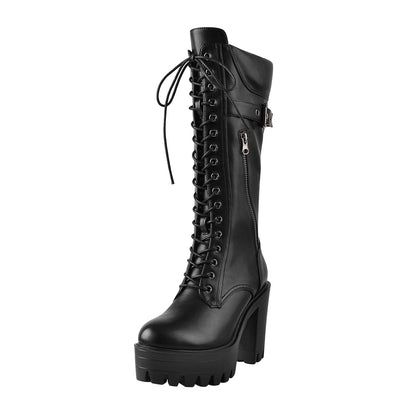 Black Patent Leather Platform Lace Up Knee High Boots | Onlymaker Special Offer