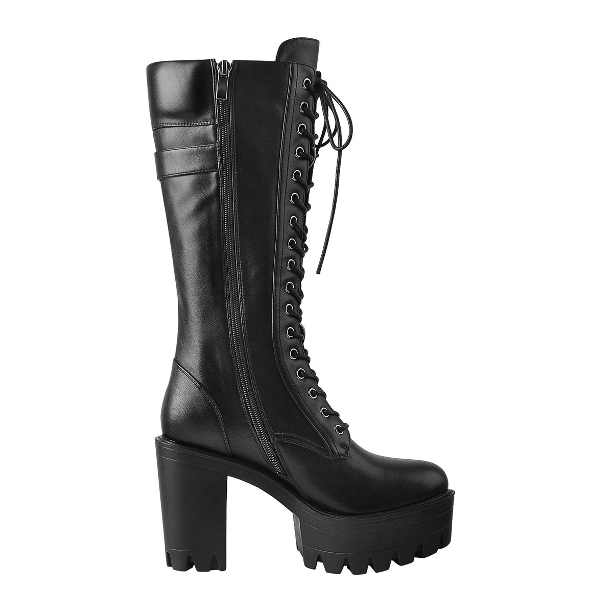 Black Patent Leather Platform Lace Up Knee High Boots | Onlymaker Special Offer