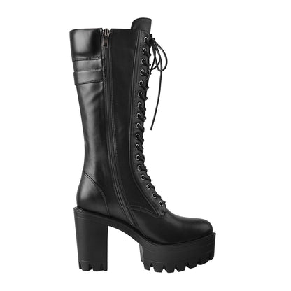 Black Patent Leather Platform Lace Up Knee High Boots | Onlymaker Special Offer