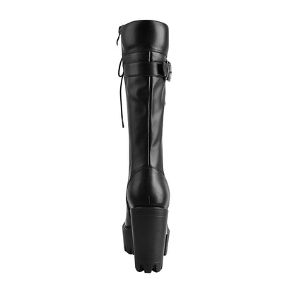 Black Patent Leather Platform Lace Up Knee High Boots | Onlymaker Special Offer