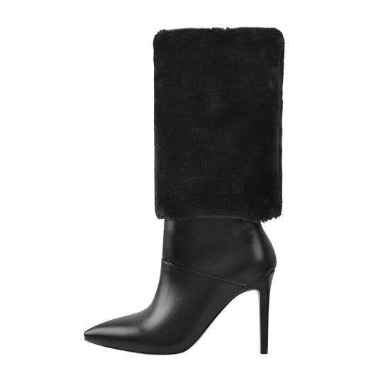 Downy White Black Pointed Toe High Heel Stiletto Boots | Onlymaker Latest