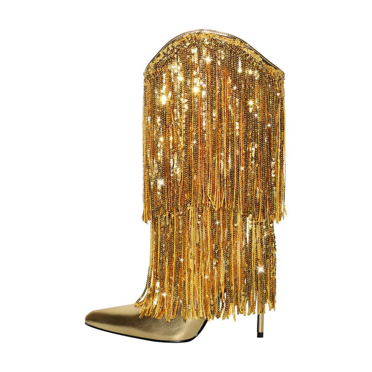 Pointed Toe Stilettos Sequin Fringe Boots | Onlymaker Essential