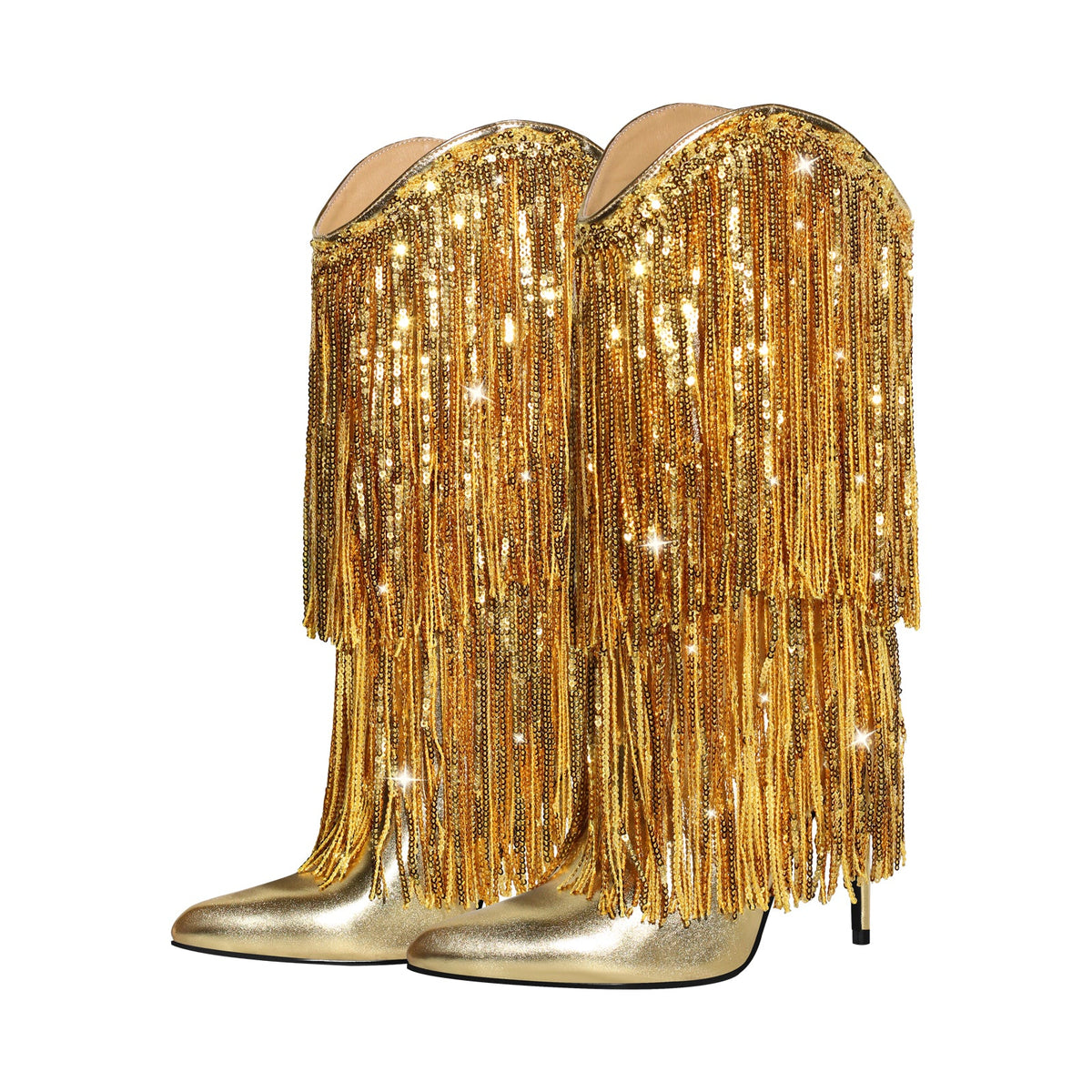 Pointed Toe Stilettos Sequin Fringe Boots | Onlymaker Essential