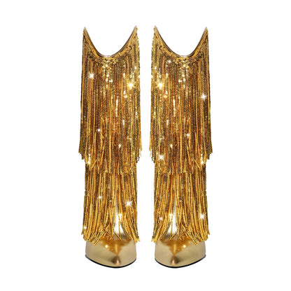 Pointed Toe Stilettos Sequin Fringe Boots | Onlymaker Essential