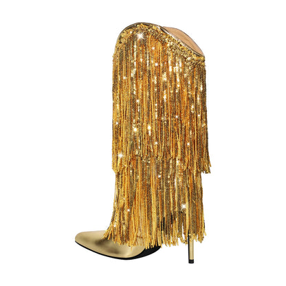 Pointed Toe Stilettos Sequin Fringe Boots | Onlymaker Essential