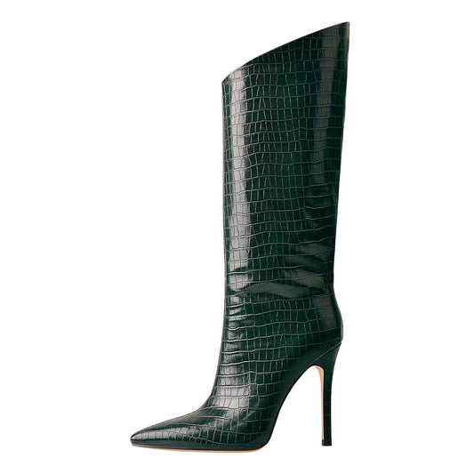 Green Stone Pattern High Heel Mid-Calf Boots | Onlymaker Special Offer