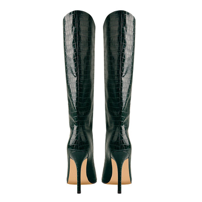 Green Stone Pattern High Heel Mid-Calf Boots | Onlymaker Special Offer