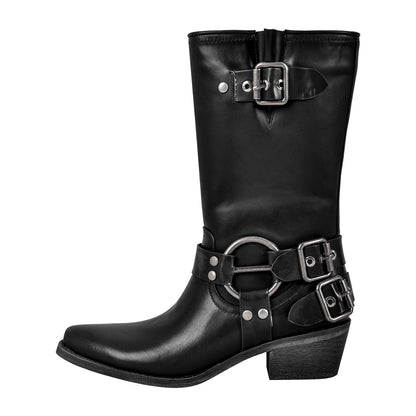 Pointed Toe Chunky Heel Buckle Strap Mid-Calf Western Boots | Onlymaker Sale