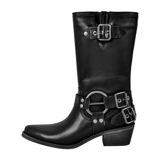 Pointed Toe Chunky Heel Buckle Strap Mid-Calf Western Boots | Onlymaker Sale
