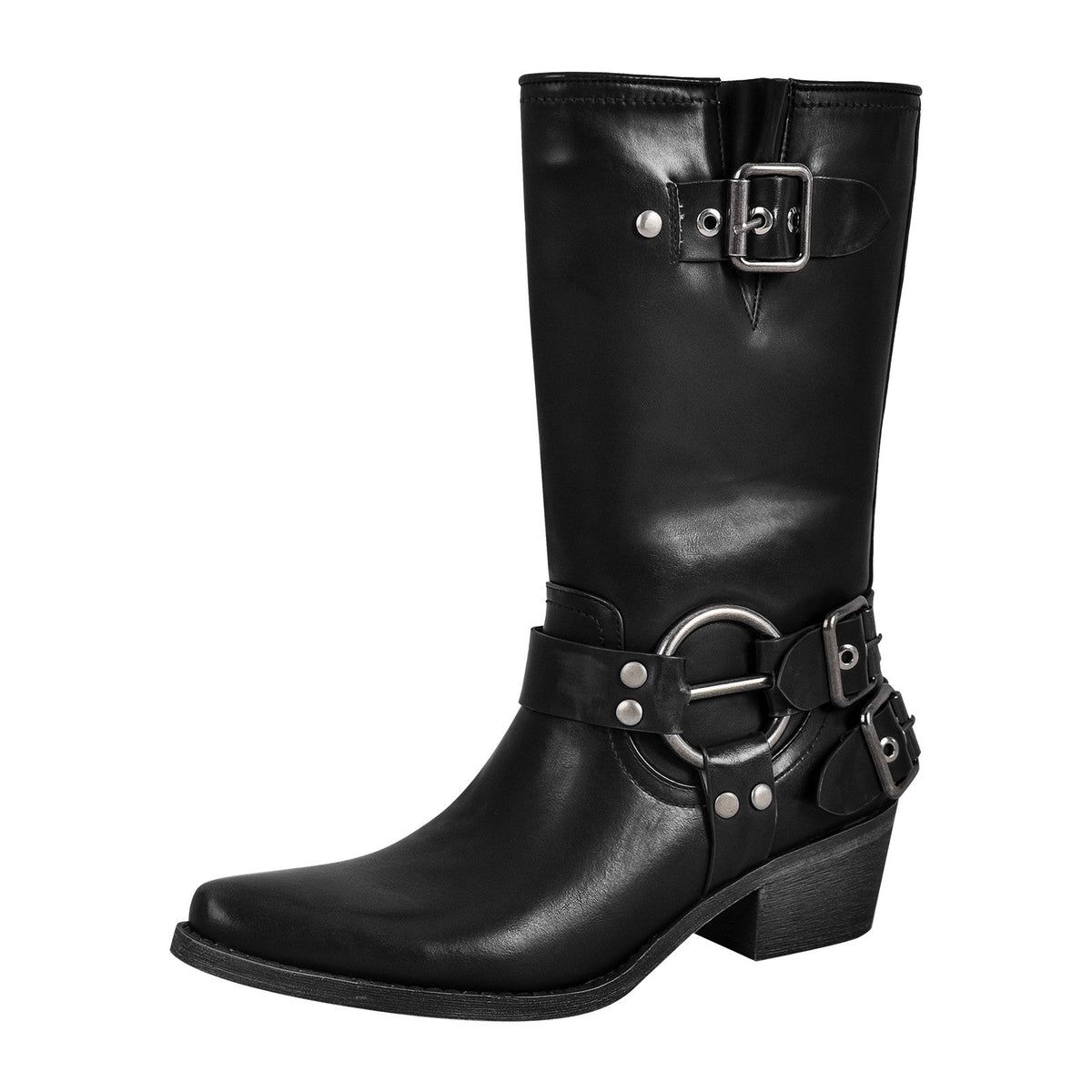 Pointed Toe Chunky Heel Buckle Strap Mid-Calf Western Boots | Onlymaker Sale