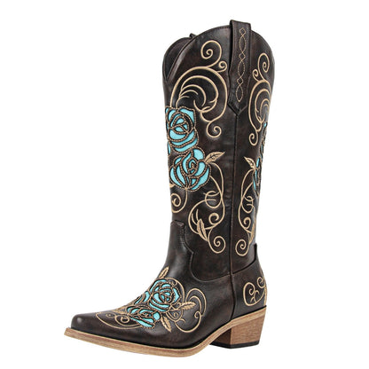 Floral Embroidery Mid-Calf Western Boots | Onlymaker Quality