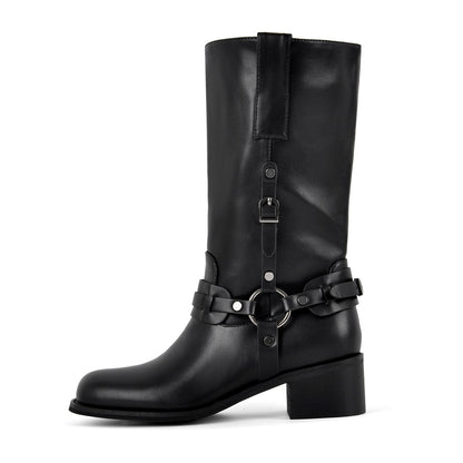 Square Toe Buckle Strap Mid-Calf Boots | Onlymaker Trusted