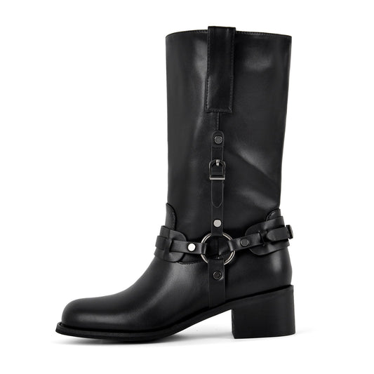 Square Toe Buckle Strap Mid-Calf Boots | Onlymaker Trusted