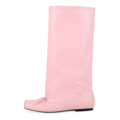 Square Toe Bow Flat Mid-Calf Boots | Onlymaker Latest