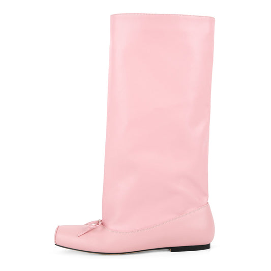 Square Toe Bow Flat Mid-Calf Boots | Onlymaker Latest