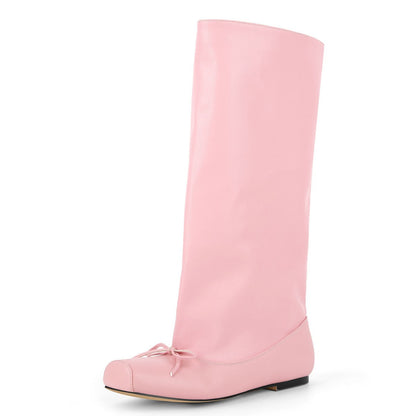 Square Toe Bow Flat Mid-Calf Boots | Onlymaker Latest