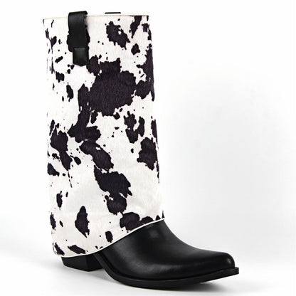 Pointed Toe Cowhide Fold Over Mid-Calf Boots | Onlymaker Essential