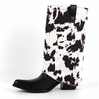 Pointed Toe Cowhide Fold Over Mid-Calf Boots | Onlymaker Essential