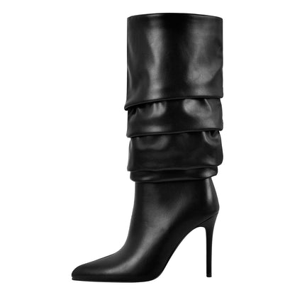 Pointed Toe Pleated Stiletto Mid-Calf Boots | Onlymaker Exclusive