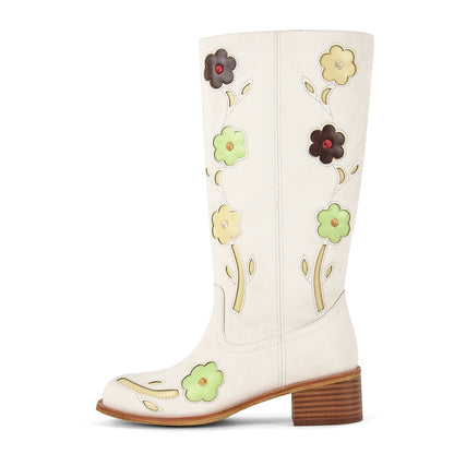 Square Toe Flower Embroidery Mid-Calf Boots | Onlymaker Hot Sale