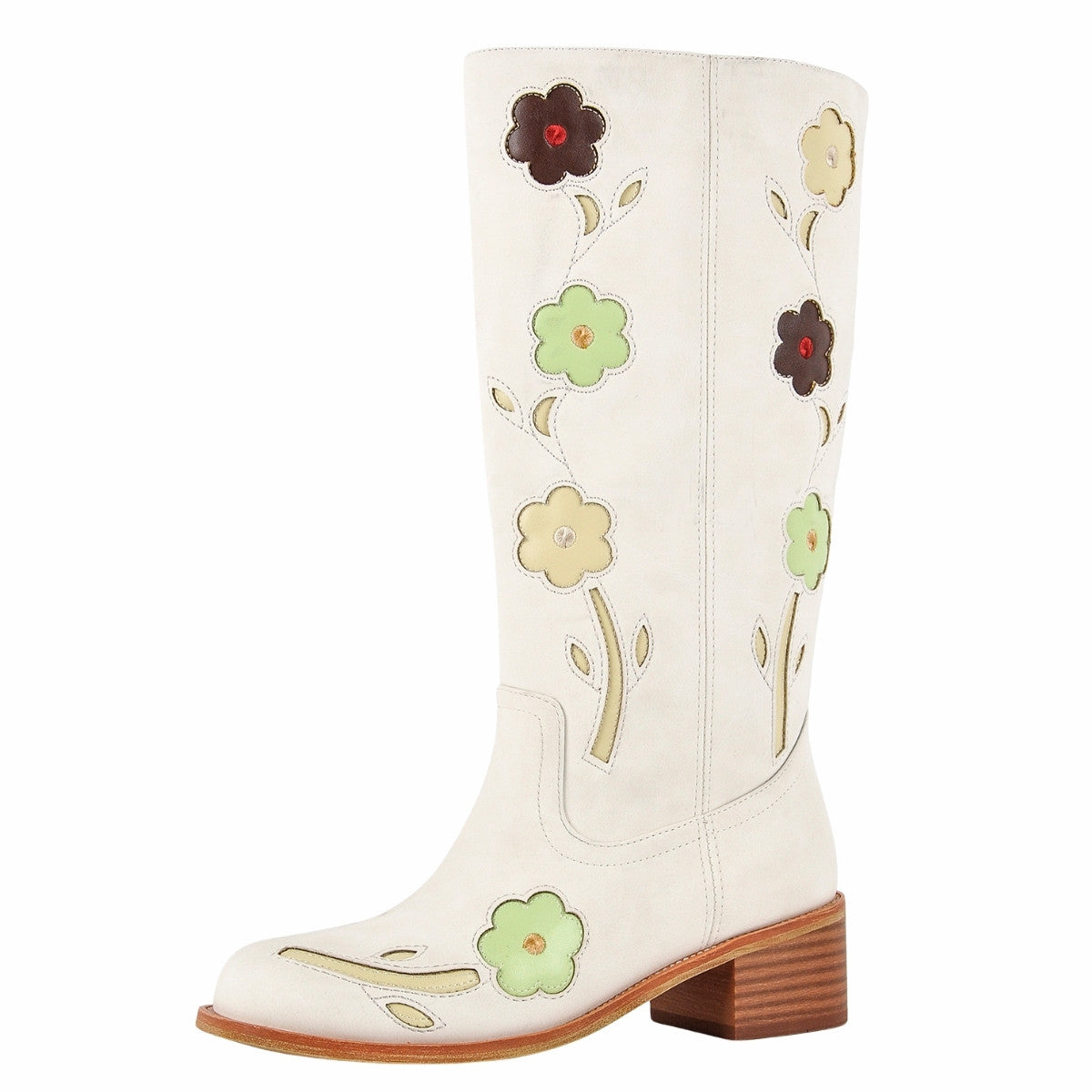 Square Toe Flower Embroidery Mid-Calf Boots | Onlymaker Hot Sale