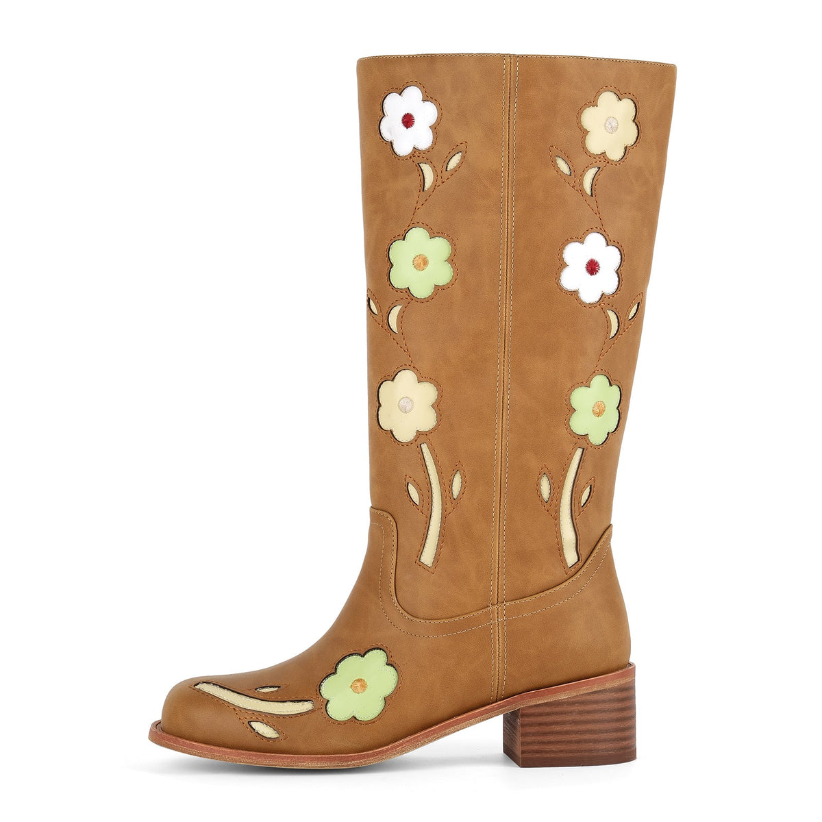 Square Toe Flower Embroidery Mid-Calf Boots | Onlymaker Hot Sale