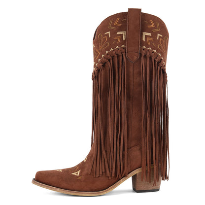 Suede Fringe Embroidery Mid-Calf Western Boots | Onlymaker Customer Favorite