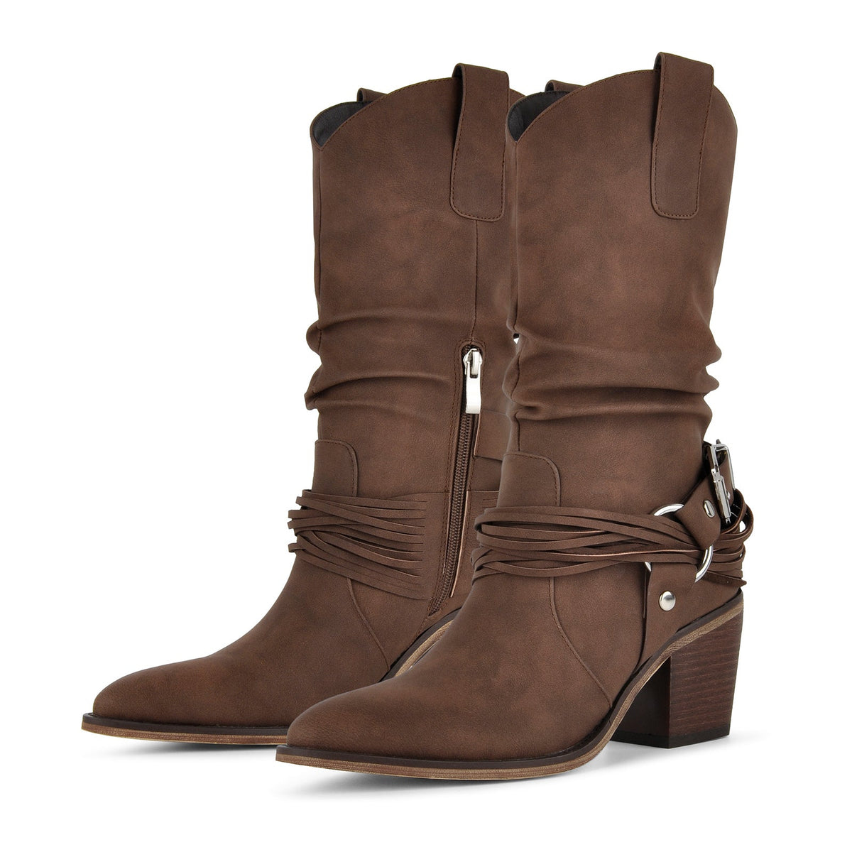 Ruched Buckle Strap Mid-Calf Western Boots | Onlymaker Deals