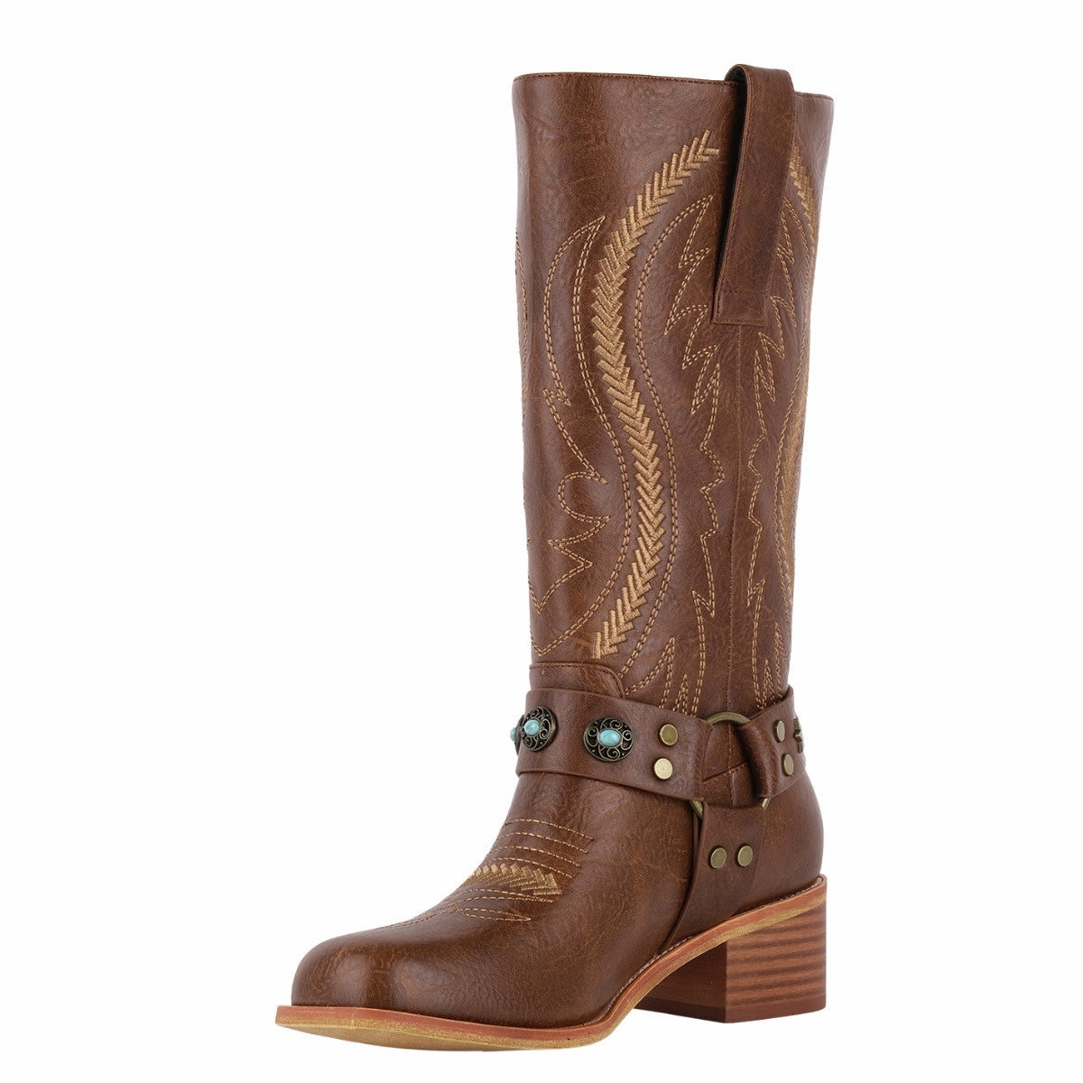 Square Toe Embroidery Stud Strap Mid-Calf Boots | Onlymaker New