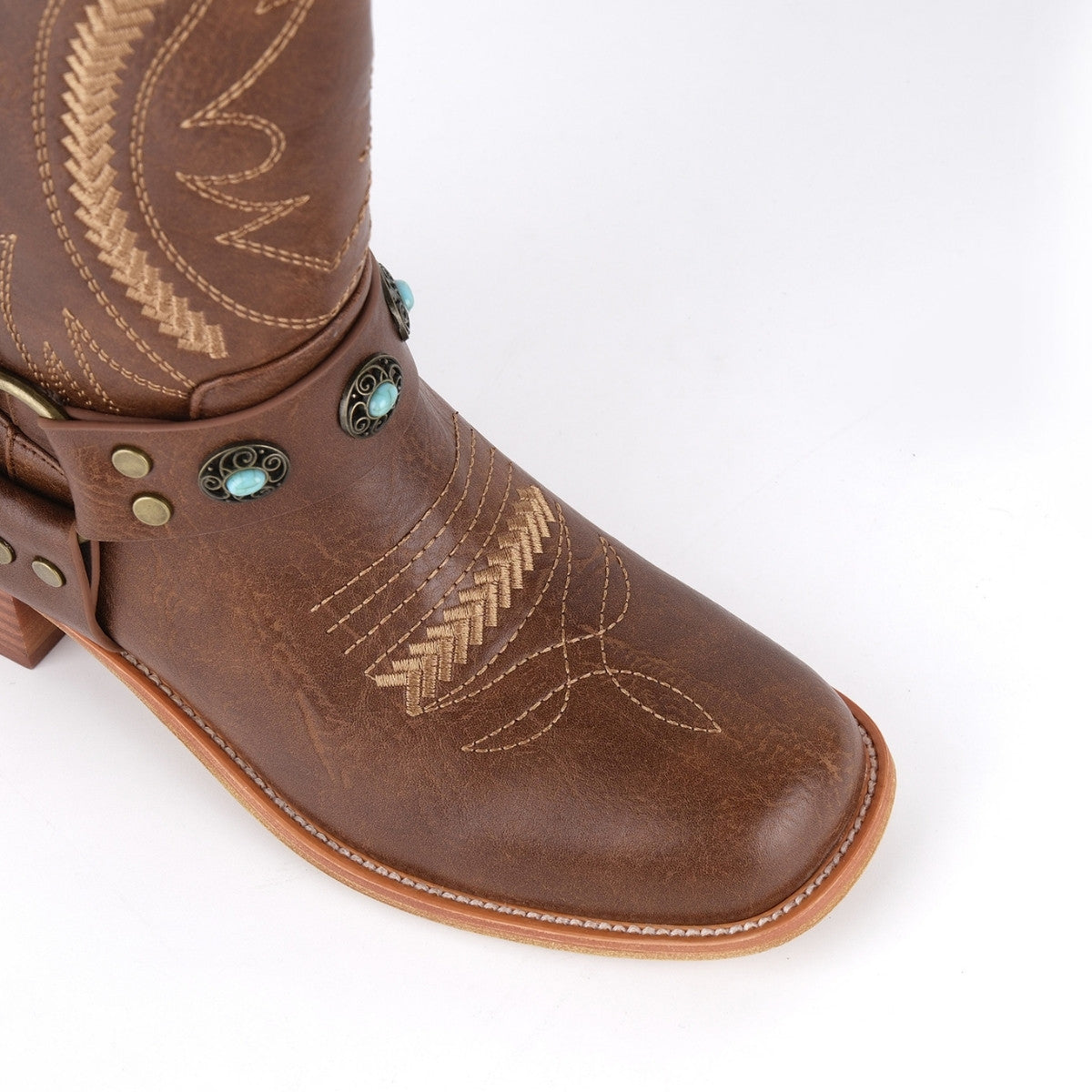 Square Toe Embroidery Stud Strap Mid-Calf Boots | Onlymaker New
