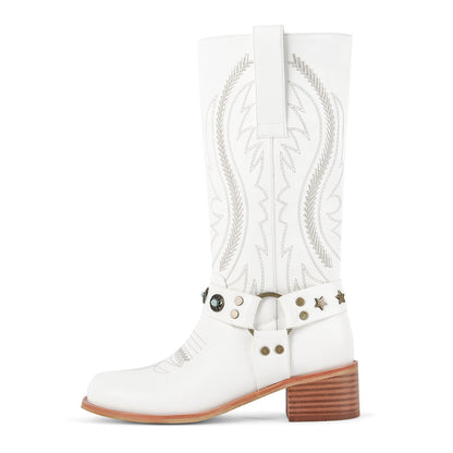 Square Toe Embroidery Stud Strap Mid-Calf Boots | Onlymaker New