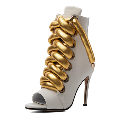 Peep Toe Thick Metallic Rope Lace-up Ankle Boots | Onlymaker Best Price