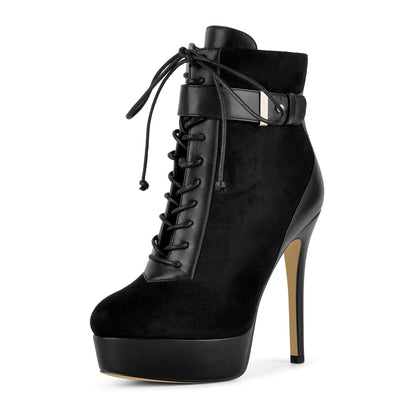 Suede Platform Lace-up Buckle Stiletto Ankle Boots | Onlymaker Special Offer