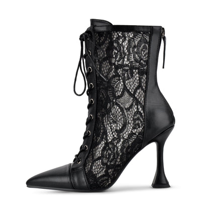 Pointed Toe Lace Mesh Lace-up Ankle Boots | Onlymaker Best Seller