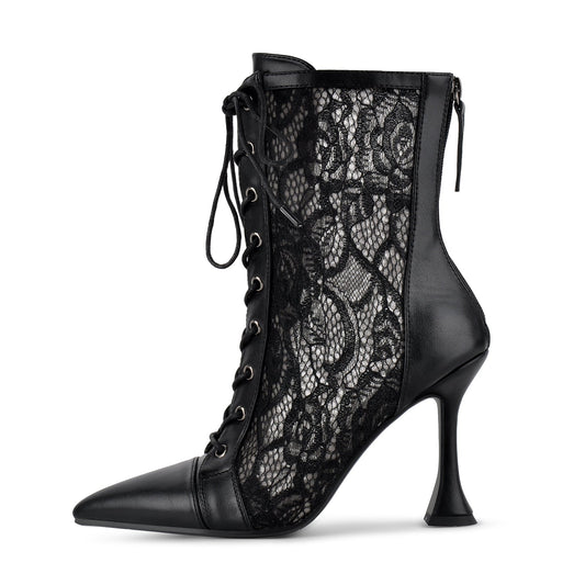 Pointed Toe Lace Mesh Lace-up Ankle Boots | Onlymaker Best Seller
