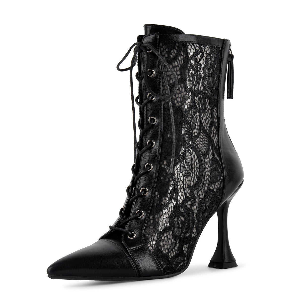 Pointed Toe Lace Mesh Lace-up Ankle Boots | Onlymaker Best Seller