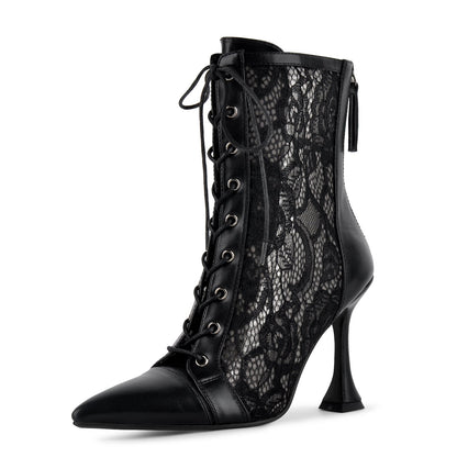 Pointed Toe Lace Mesh Lace-up Ankle Boots | Onlymaker Best Seller