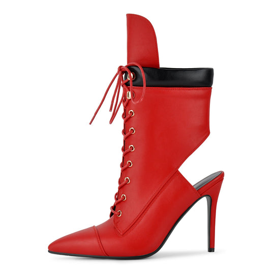 Pointed Toe Lace-up Cutout Ankle Boots | Onlymaker Popular