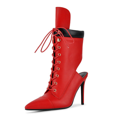 Pointed Toe Lace-up Cutout Ankle Boots | Onlymaker Popular