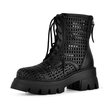 Platform Woven Cutout Lace-up Ankle Boots | Onlymaker Top Pick