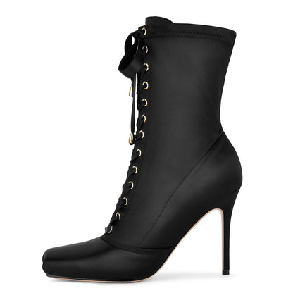 Square Toe Satin Lace-up Stiletto Ankle Boots | Onlymaker Top Pick