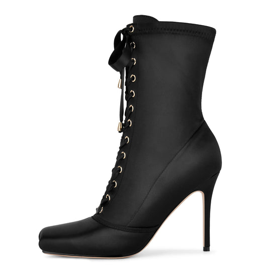 Square Toe Satin Lace-up Stiletto Ankle Boots | Onlymaker Top Pick
