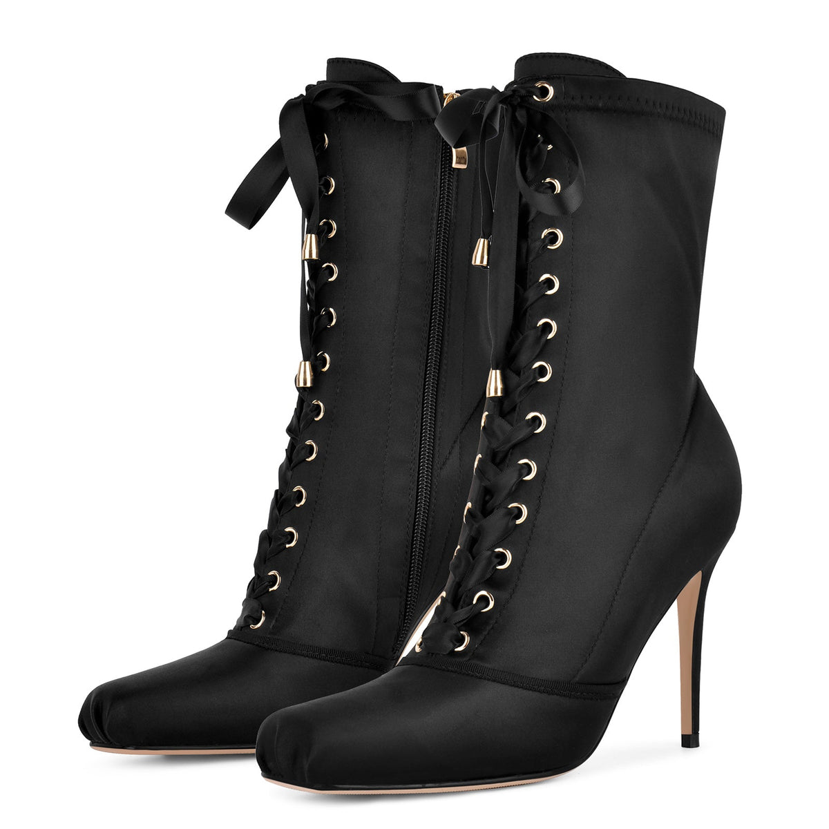 Square Toe Satin Lace-up Stiletto Ankle Boots | Onlymaker Top Pick