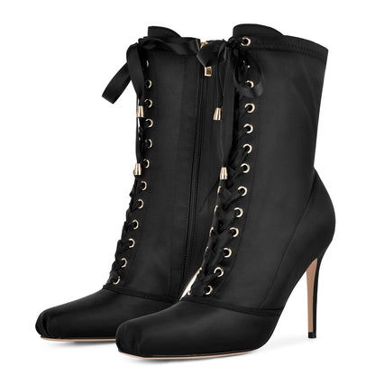 Square Toe Satin Lace-up Stiletto Ankle Boots | Onlymaker Top Pick