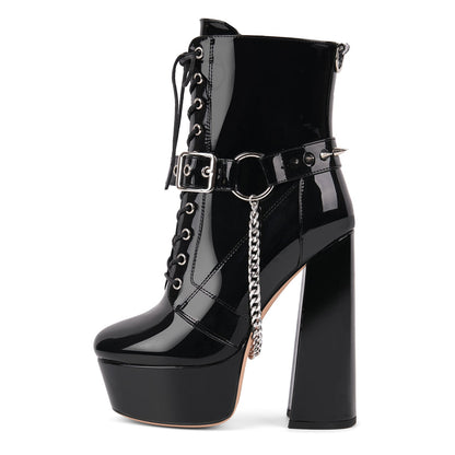 Platform Rivet Buckle Metal Chain Lace-up Ankle Boots | Onlymaker Value