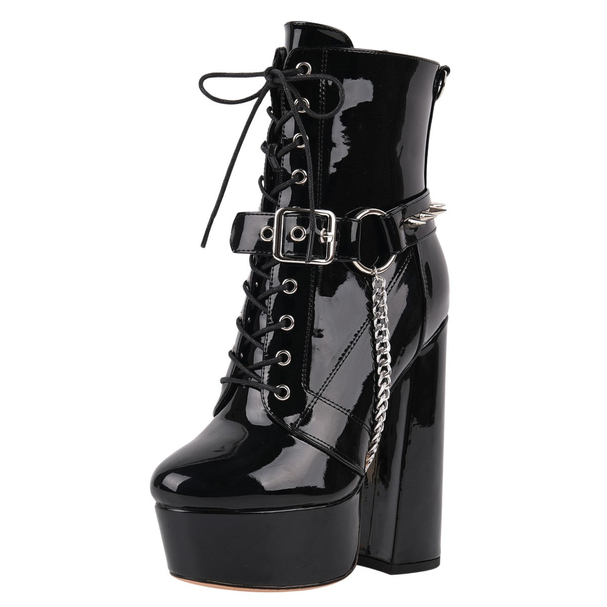 Platform Rivet Buckle Metal Chain Lace-up Ankle Boots | Onlymaker Value